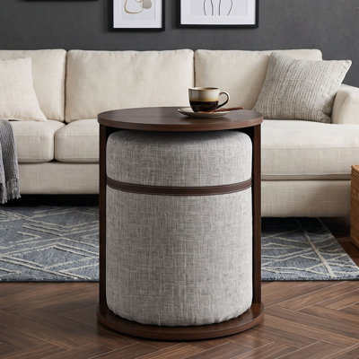 Table de bout ronde avec tabouret coulissant et fente de rangement ouverte, conception gigogne peu encombrante