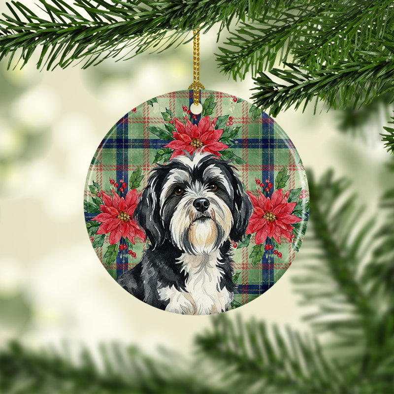 Ornement en céramique noir et blanc terrier tibétain poinsettias de Noël, Tibetan Terrier Black and White
