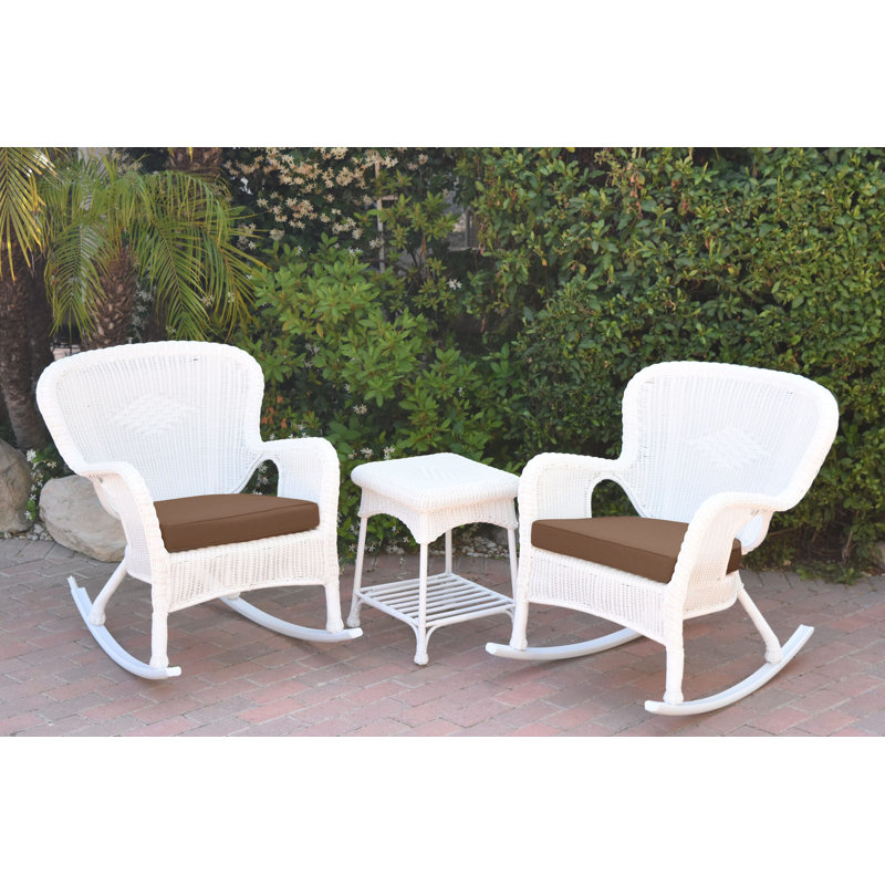 Windsor Resin Wicker Rocker Chair And End Table Set With Cushions, Brown, White