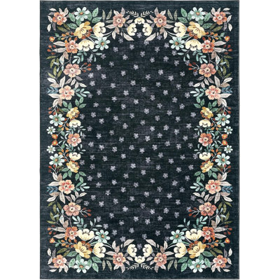 Floral Area Rug, Washable Non Slip Low Pile Rug for Bedroom Living Room