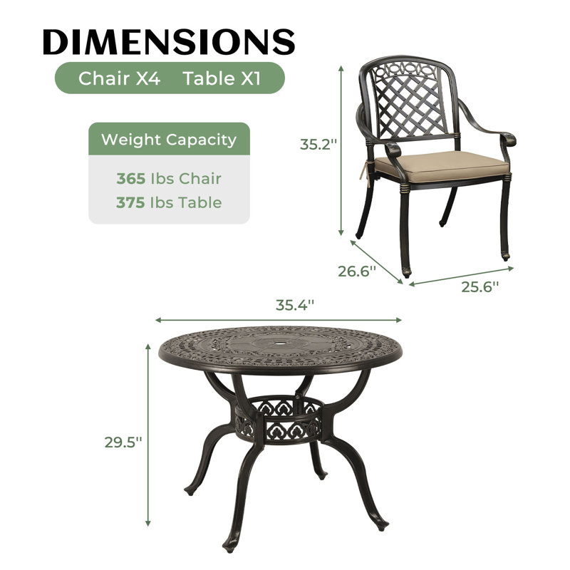 5pcs Cast Aluminum Outdoor Patio Dining Set, All Weather Outdoor Furniture Dining Set For Patio, Balcony, Lawn, Garden, Backyard (38" Round Table+4 Dining Chairs)