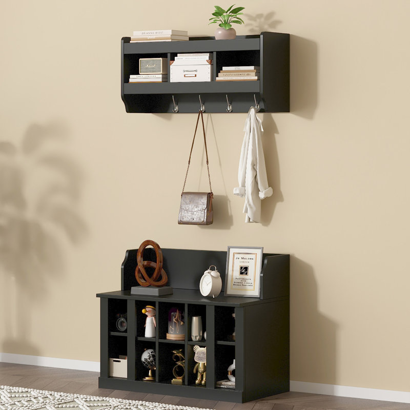 Shoe Storage Bench With Wall Mounted Coat Rack For Hallway, Black