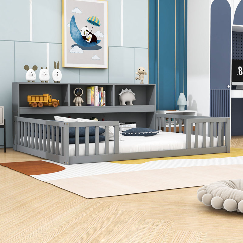 Wooden Floor Bed With Full-Length Shelves, Gray, Full