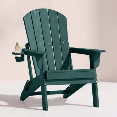 Folding Adirondack Chair, Wood Texture, Cup Holder, All-Weather HDPE for Poolside/Lawn, Green