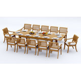 12 Seats 13 Pcs Grade-A Teak Wood Dining Set: 122" Caranas Double Extension Rectangle Table And 12 Arbor Stacking Arm Chairs #11AB2912