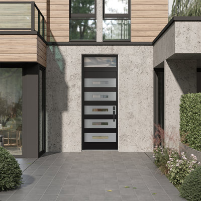 D9 36 po. X 96 po Panneau d'entrée en verre argenté noir et noir transparent avec porte d'entrée avant en verre transparent