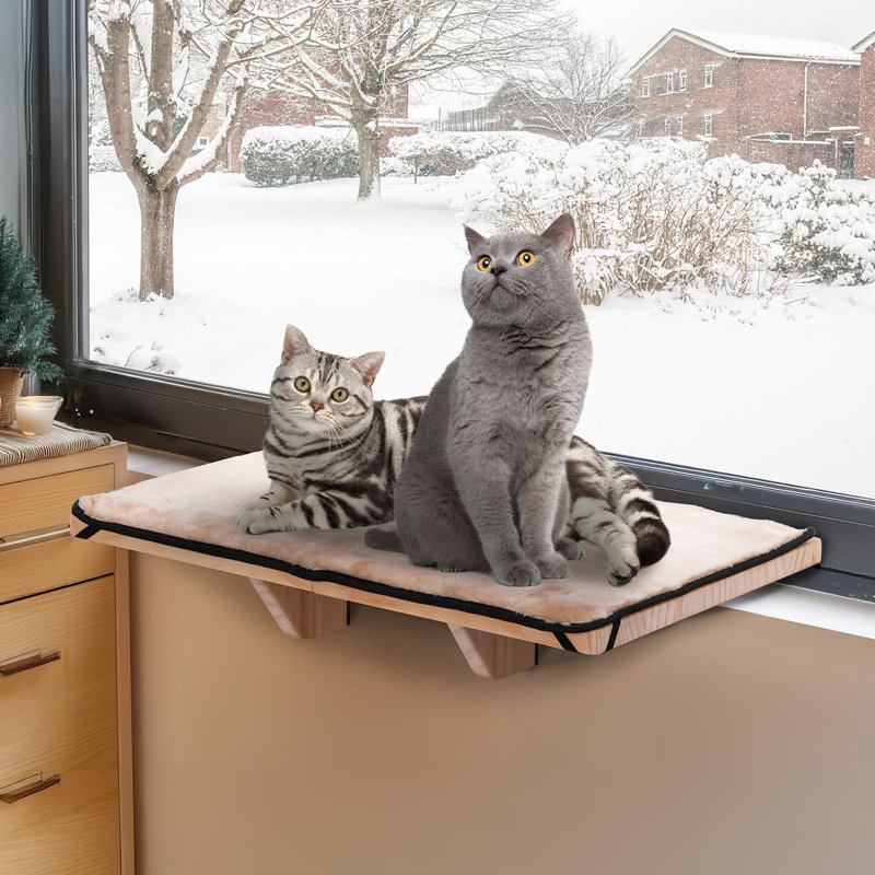 Large Natural Wood Cat Window Perch with Fleece Mat