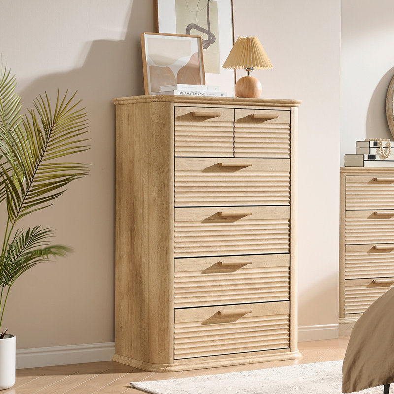 6 Drawers Dresser for Bedroom, 45" Tall Dresser with Curved Profile Design, Wood Fluted Chest of Drawer, Modern Drawer Storage Organizer for Bedroom, Living Room, Entryway
