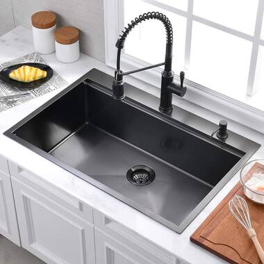 Black Quartz Kitchen Sink Double Bowl Drop-In Sink with Drain Board