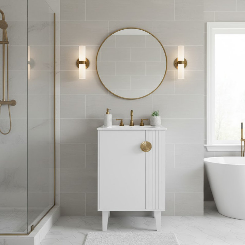 Ensemble de meuble-lavabo simple autoportant avec portes à fermeture douce, Blanc