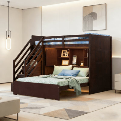 Twin Over Full L-shaped Bunk Bed With Storage Stairs, Cabinet, Armoire And Lighted