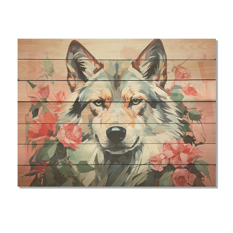 Portrait de loup bohémien rose et vert IV - loup sur bois, H 30 po x l 40 po