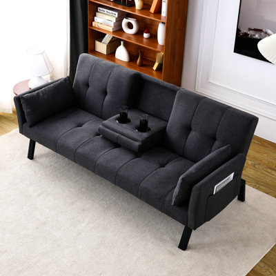 Foldable 70 - Inch Bed Made Of Cotton And Linen, Suitable For Small Spaces, Featuring Central Cup Holder Side Storage, Dual Mode Transformation, 2 Seats, Dark Grey Inchcotton Linenmulti