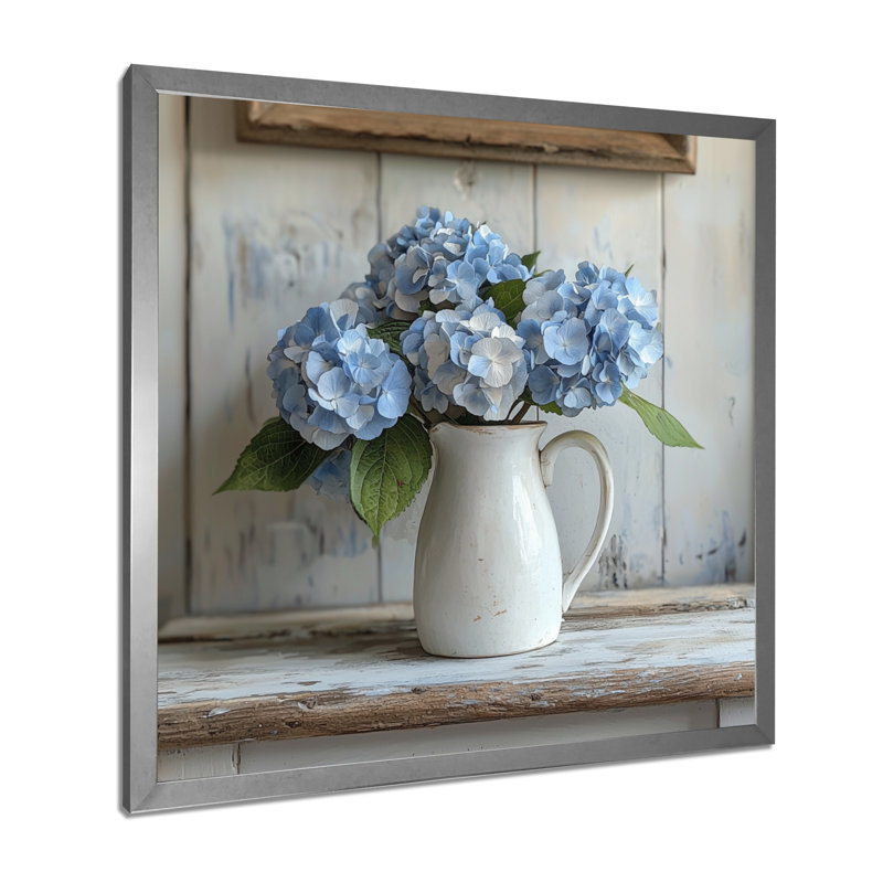 Minimalisme, hortensias dans un pot à lait I - hydrangées, art mural, H 36 po x l 36 po, Argent argent