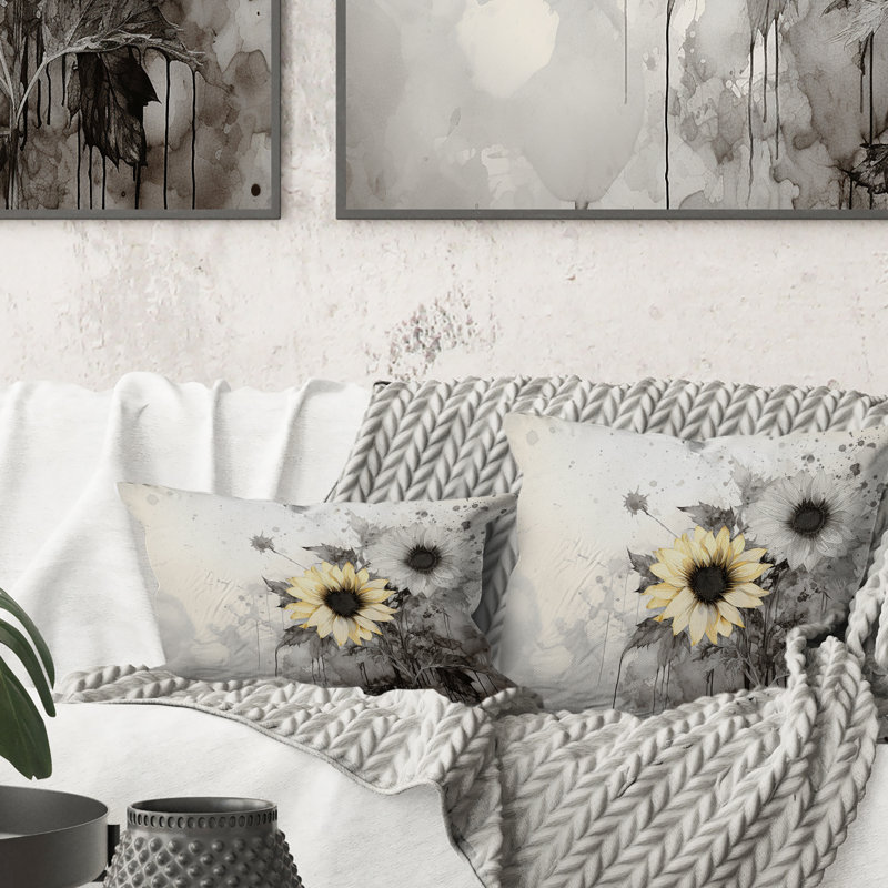 Coussin décoratif noir et blanc à motif de tournesols I - tournesols
