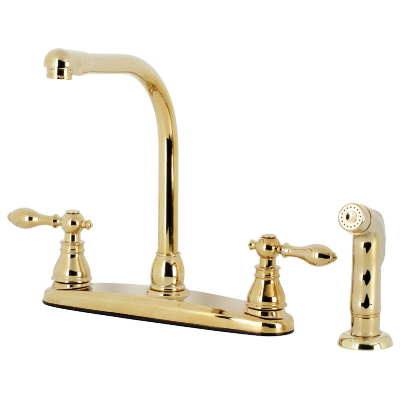Kingston Brass American Classic Two-Handle 4-Hole 8" Centerset Kitchen Faucet with Side Sprayer, Polished Brass