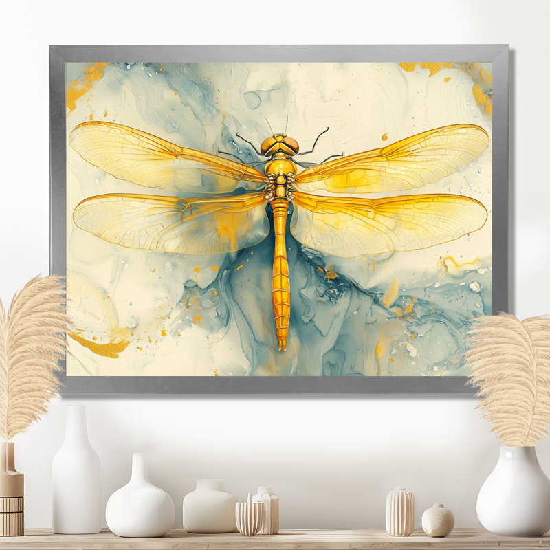 Mouche libellule jaune, vol d'élégance - Libellule, art mural, H 30 po x l 40 po, Avec cadre, Argent argent