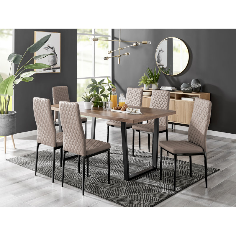 Kylooe Modern Brown Wood And Black Metal Dining Table Set With 6 Quilted Faux Leather Dining Chairs, Cappuccino/Black