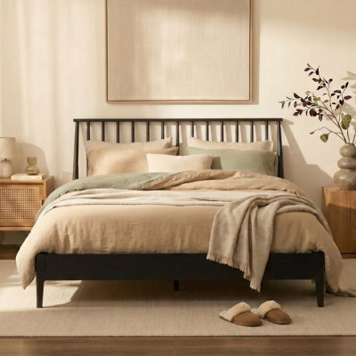 Lagola Bamboo Platform Bed with 46.5" Spindle Headboard, Wooden Slats and Metal Support, No Box Spring Needed