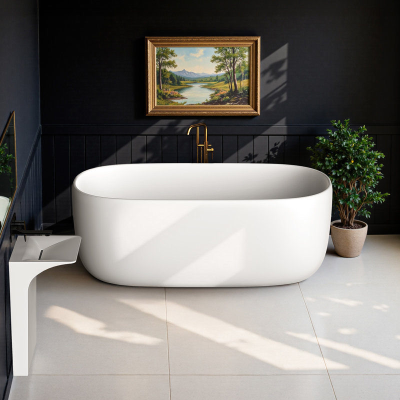 StonePure 51"×25.5" Compact Freestanding Solid Surface Stone Bathtub, 13" Deep Soaking Tub With Overflow, Pop-up Drain