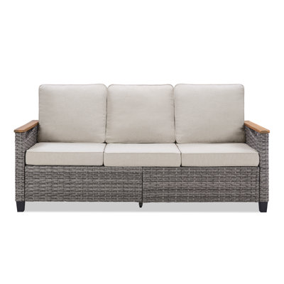 All Weather Wicker Patio Couch, 3 Seats Patio Sofa With Cushions, Outdoor Patio Sofa For Garden, Porch, Backyard, Beige, Blue
