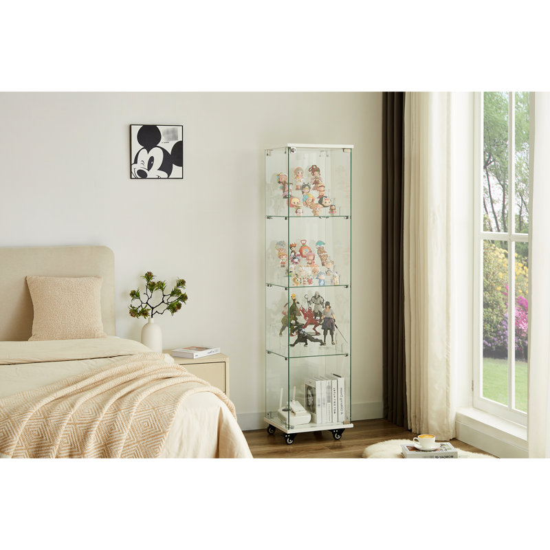 Armoire en verre blanche à 4 niveaux avec serrure et roulettes, 3 tablettes en acrylique pour la présentation du trophée, L 15,8 po x l 14,2 po H 65,1 po, rangement pratique, unité