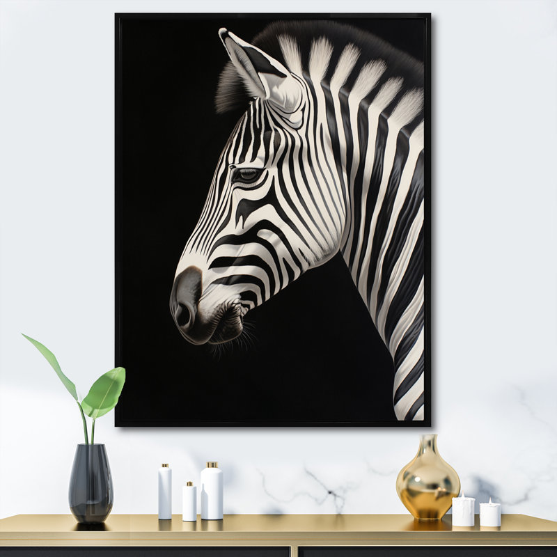 Portrait de zèbre noir et blanc IV encadré sur toile, H 32 po x l 24 po x P 1 po, Noir