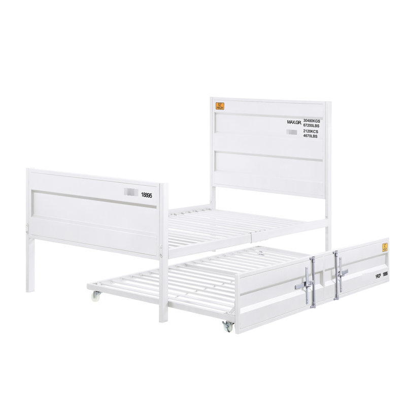 Lit plateforme contemporain en métal blanc, avec thème de contenant de chargement, lit blanc à sommier tapissier, concept adoptif, non requis pour l'intérieur d'une chambre à coucher moderne