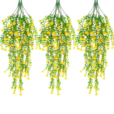 3 Pack Artificial Hanging Plants Fake Hanging Flowers Faux Eucalyptus Leaf Greenery Vine UV Resistant Plastic Plant for Indoor Outdoor Decor, Yellow