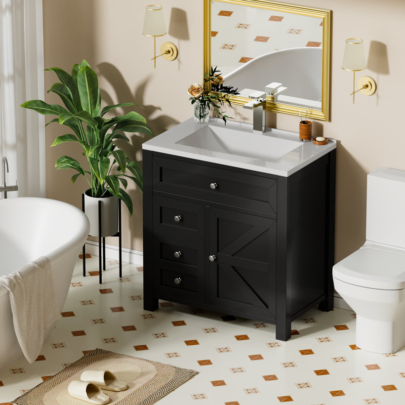 Meuble-lavabo 30 po avec lavabo, meuble-lavabo en bois avec tiroirs, rangement multifonctionnel, Noir