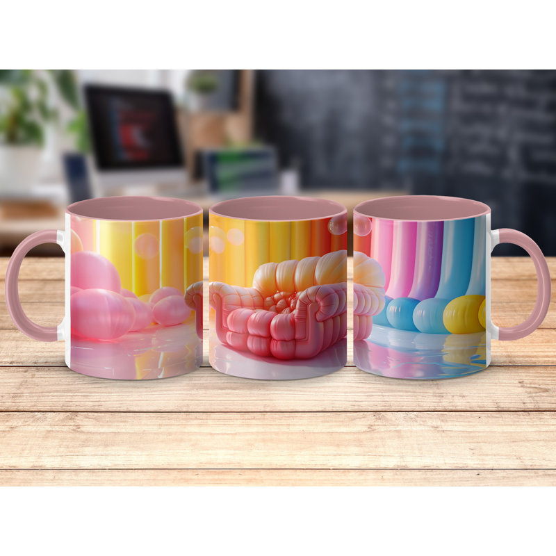 Set of 2 3D Design 11oz Accent Mugs – Ceramic Coffee Cups with a Pink Handle and Interior