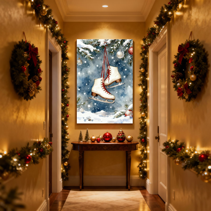 Patins à glace de Noël suspendus à des branches de pin, ensemble de 3 impressions sur toile, H 36 po x l 24 po
