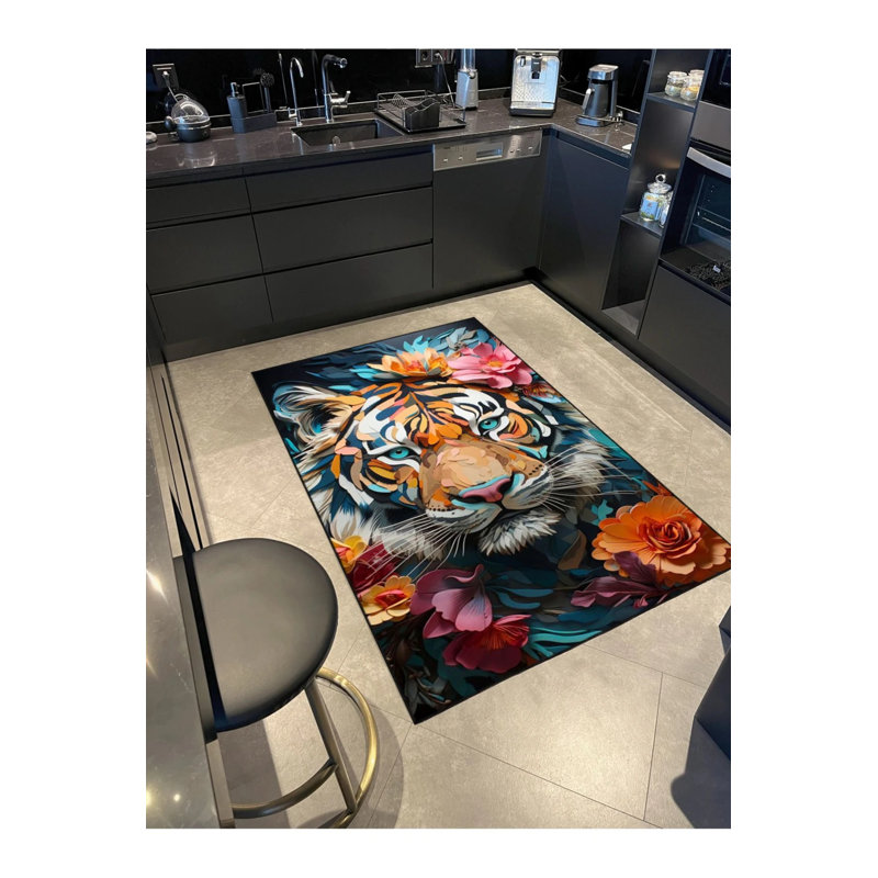 Multicolored Tiger Patterned Washable Carpet, Rectangle 5'2" x 7'7"