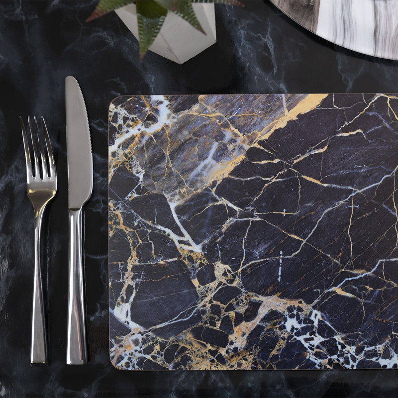 Navy Marble Lacquered With Cork Backing Abstract Rectangle Placemat