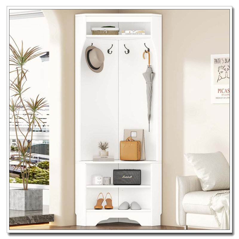Minimalist Corner Hall Tree with Shoe Bench, White