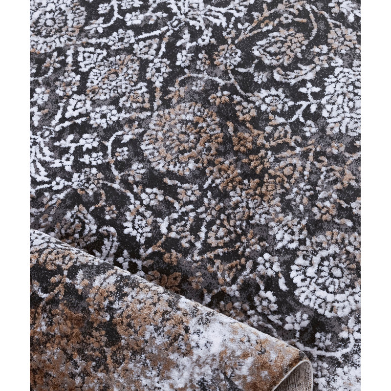 Tapis floral noir / vison Frederico, Tapis de couloir 2 pi 7 po x 9 pi 10 po