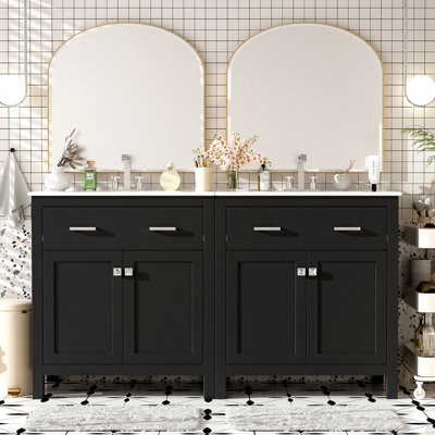Ensemble de meuble-lavabo moderne 60 po noir avec lavabos doubles (séparés), lavabos doubles en céramique, tablette réglable, portes à fermeture en douceur et tiroir rabattable - Solution de salle de bain moderne pour salles de bain spacieuses