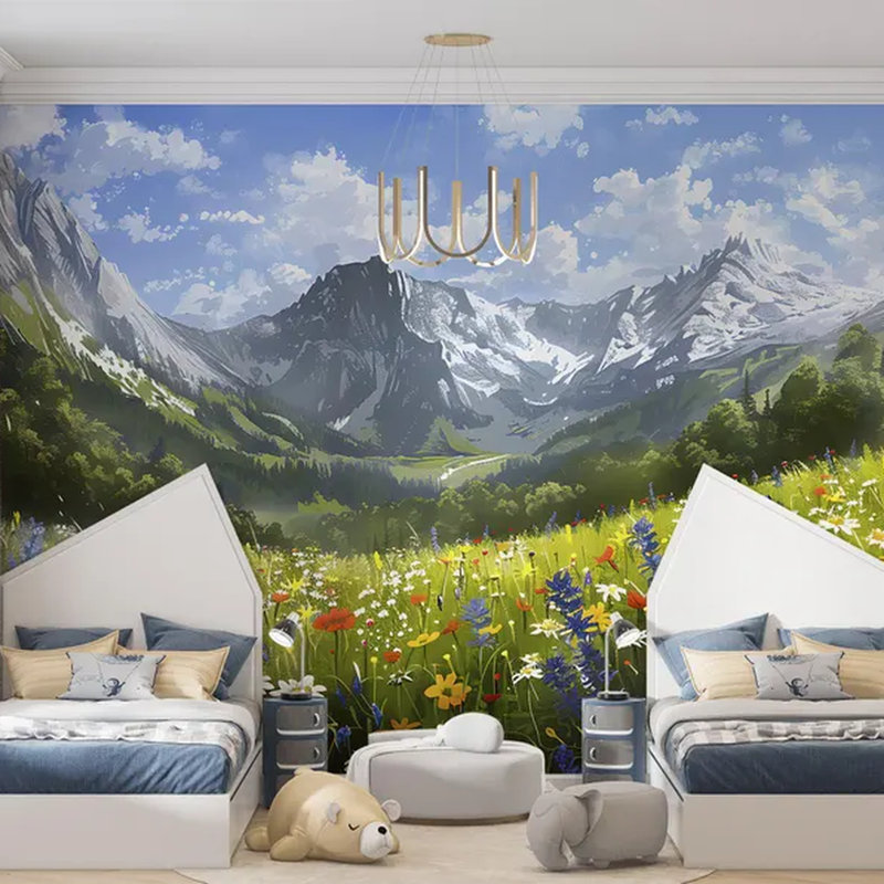 Murale paysage alpin prairie et montagne enneigée, L 108 po x l 96 po