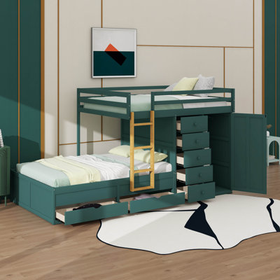 Lit superposé avec tiroirs de rangement et garde-robe, structure de lit superposé en bois avec échelle et garde-corps