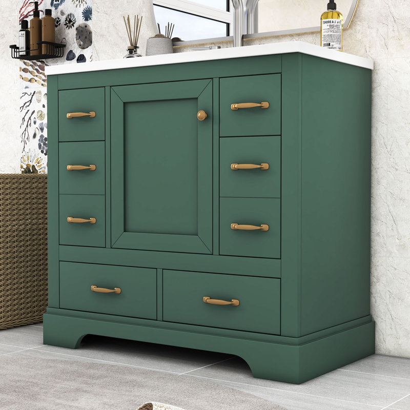 Meuble-lavabo simple 36 po avec plateau Myliyah, Vert, Doré