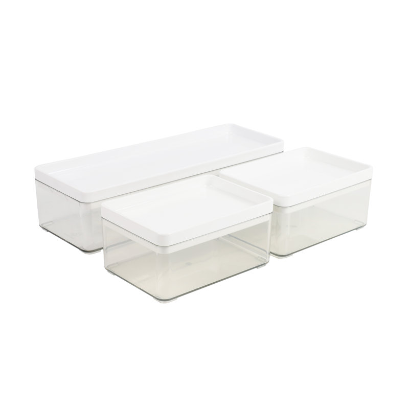 Clear Stackable Plastic Storage Boxes with White Lids, Set of 3