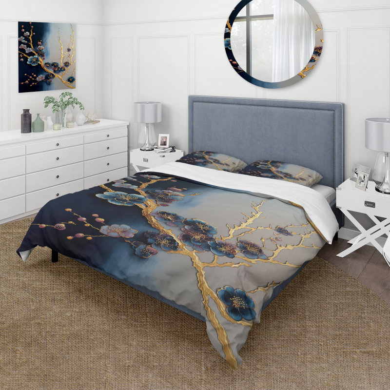 Ensemble de housse de couette en microfibre / polyester Blue Cherry Blossom Branch II