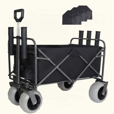 Chariot de pêche avec porte-cannes Wagon avec grandes roues pour le sable Capacité de 500 lb - Chariot tout terrain à structure en acier avec bandage pneumatique 9 po avec sac multiusage