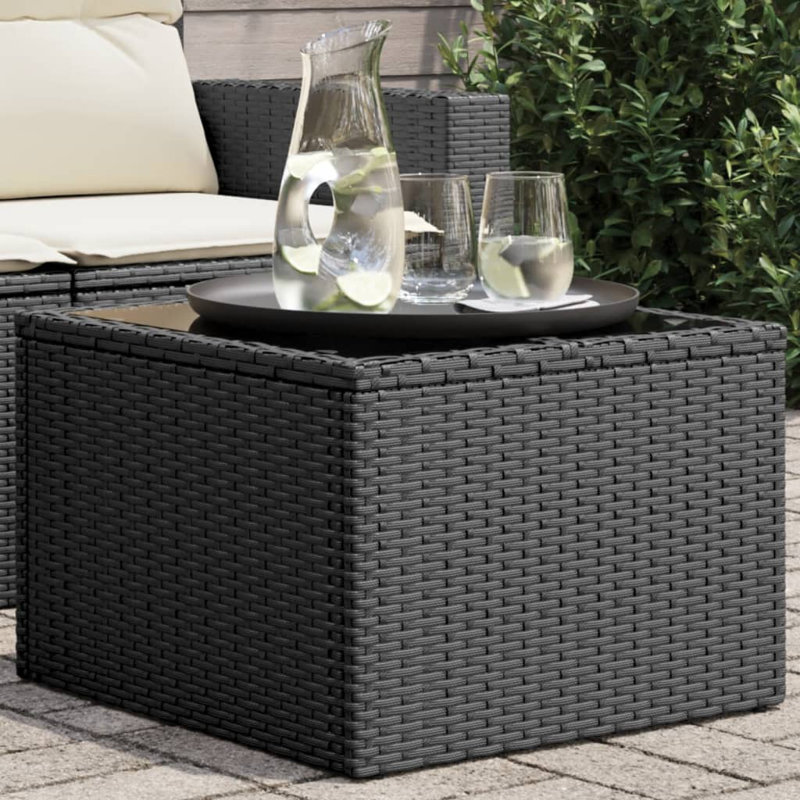  Garden Table Black PE Rattan, Powder-Coated Steel, Tempered Glass, Black