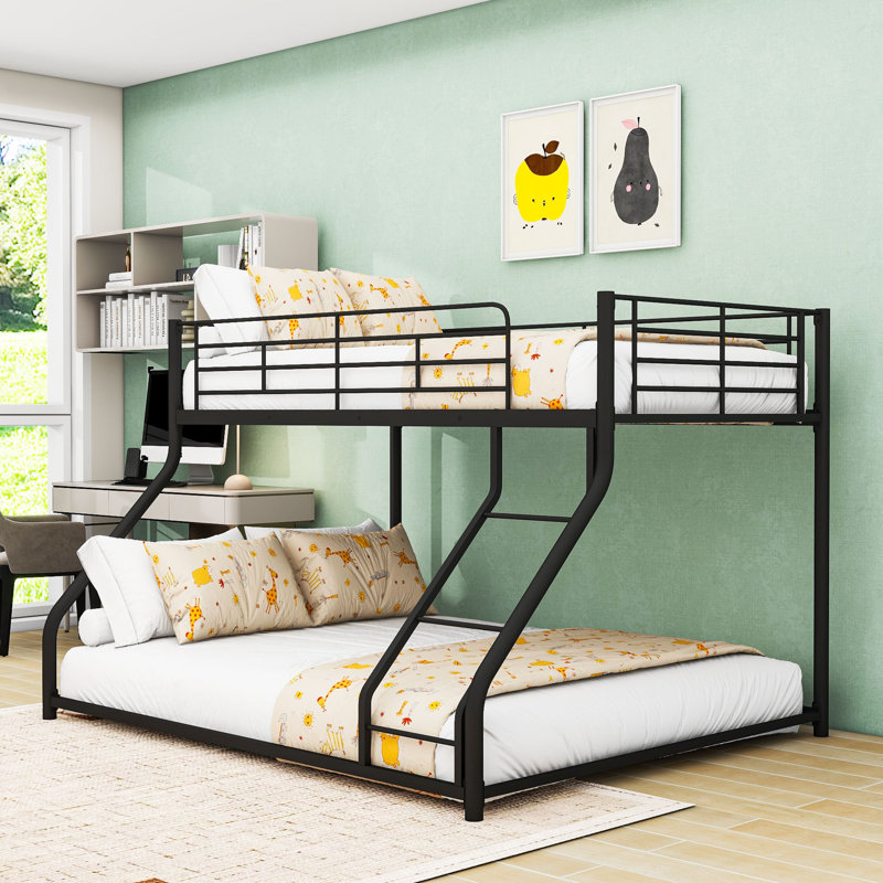Metal Bunk Bed With Ldder,Slats And Guardrail, Twin XL Over Queen