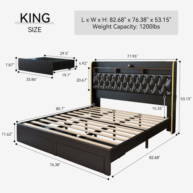 Galaxy Aurora Bed Frame with 2 Storage Drawers and Diamond Tufted Upholstered Storage Headboard, Black, King