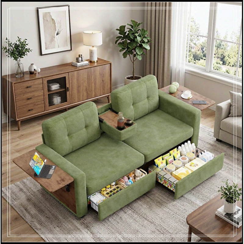 Causeuse en chenille avec tiroirs coulissants, tables d'appoint et porte-gobelet, Vert