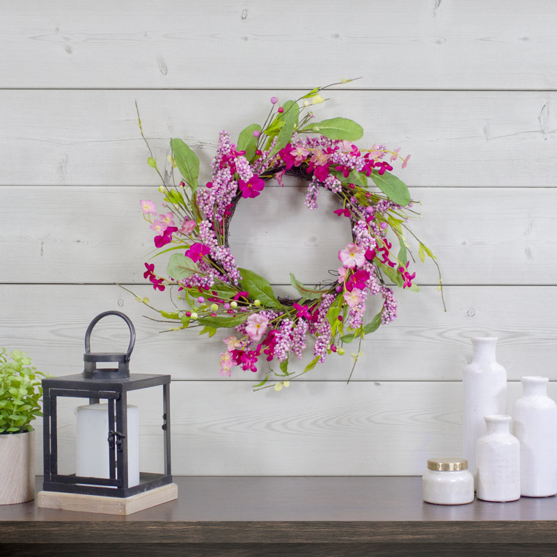Pink and White Artificial Geranium Floral Wreath with Green Foliage - 18-Inch