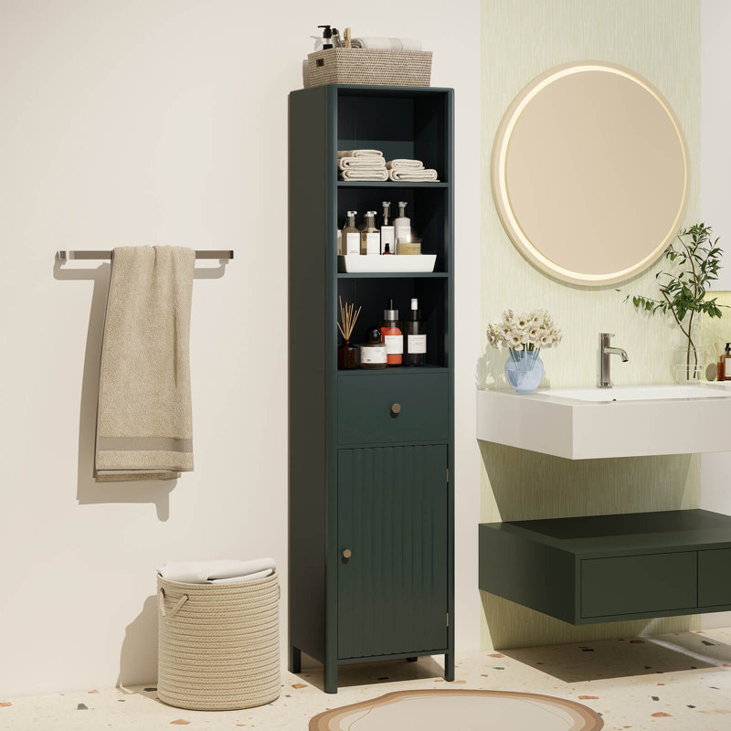 Armoire de salle de bain 67 po avec 3 tablettes ouvertes, 1 tiroir, tablette intérieure réglable verte, Forêt