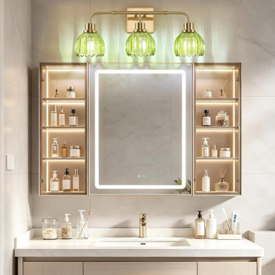 Vintage Vanity Lights Bathroom Light Fixture Over Mirror for Bath Brushed Nickel Modern Wall Sconces with Green Crystal Glass Shade for Bedroom,Living Room,Hallway(3-Light)